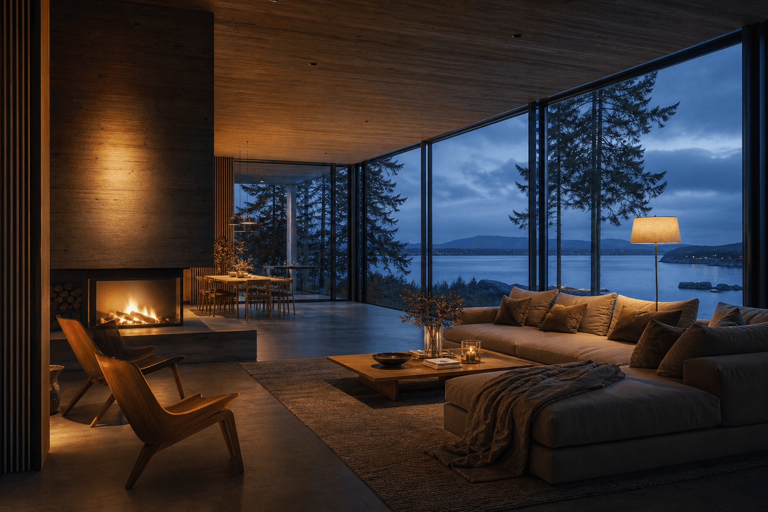 Warm modern architectural interior at dusk, rendered with CAD Scene