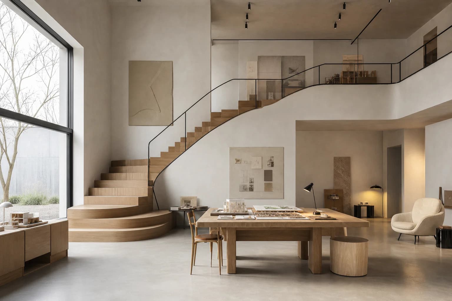 Photoreal render of a Nordic atelier stair, the kind of image CAD Scene produces